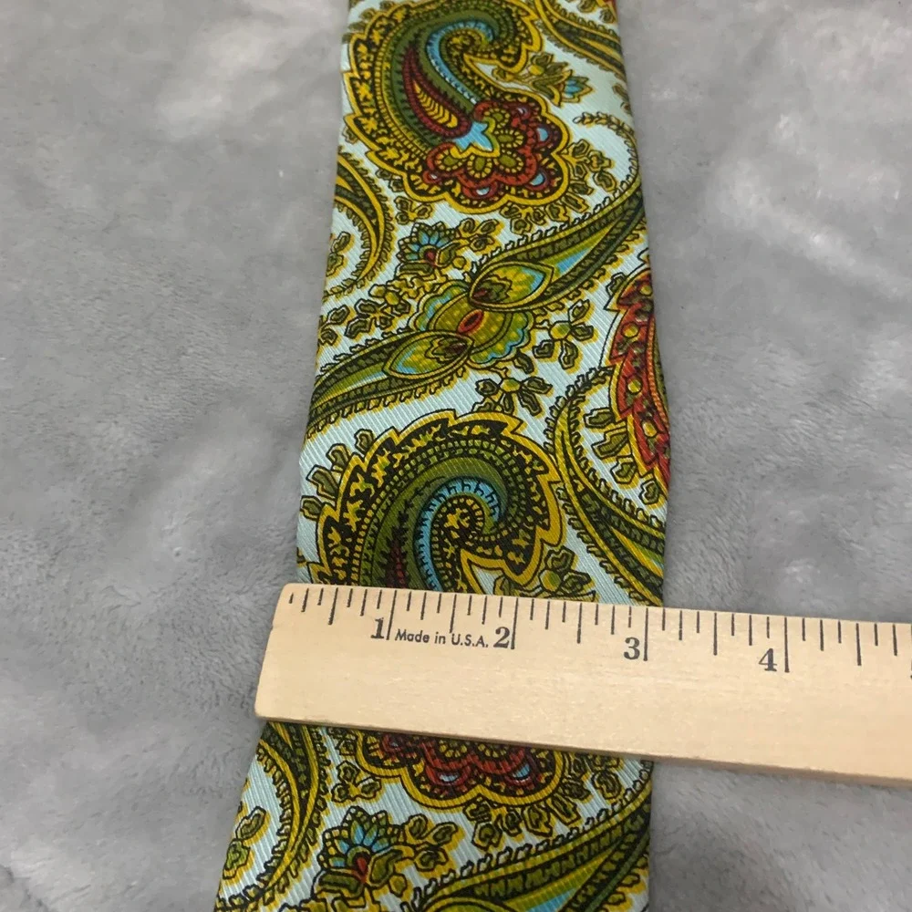 Vtg Rooster‎ John Wanamaker Paisley Neck Tie Green Gold Hand Printed Square End